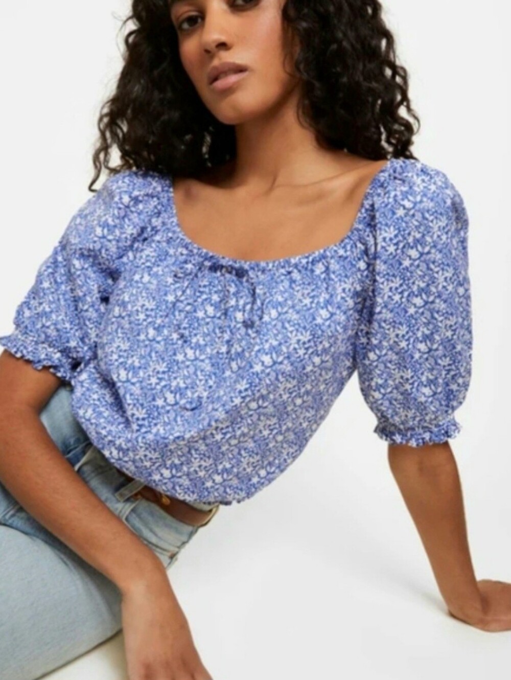 Nation Ltd. Smocked Blue Floral Rowena Peasant Blouse, Size S, Cottage Romantic